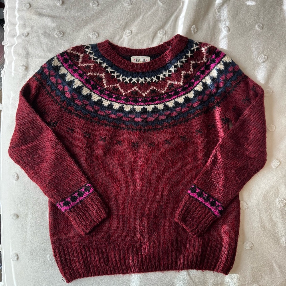 New Look Women's Maroon Winter Sweater Colorful Yoke Size Medium
